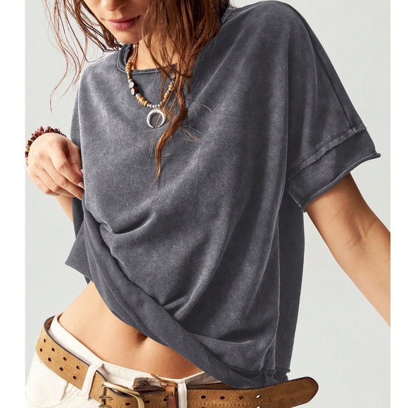 Mineral Wash Oversized Semi Sheer Loose Fit Short Sleeve Top - Picture 3 of 10